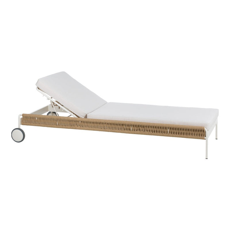White adjustable lounge chair with natural rattan weave and sleek silver frame on wheels. Perfect for outdoor relaxation.