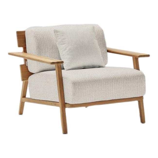 Light gray upholstered armchair with textured fabric and natural wood accents, perfect for modern decor.