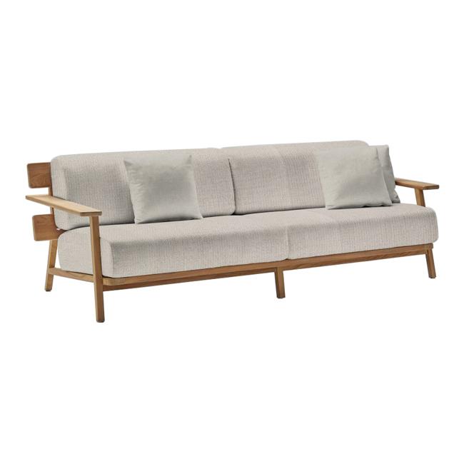 Light beige sofa with mid-century wood accents and subtle textured cushions. Ideal for modern and minimalist decor.