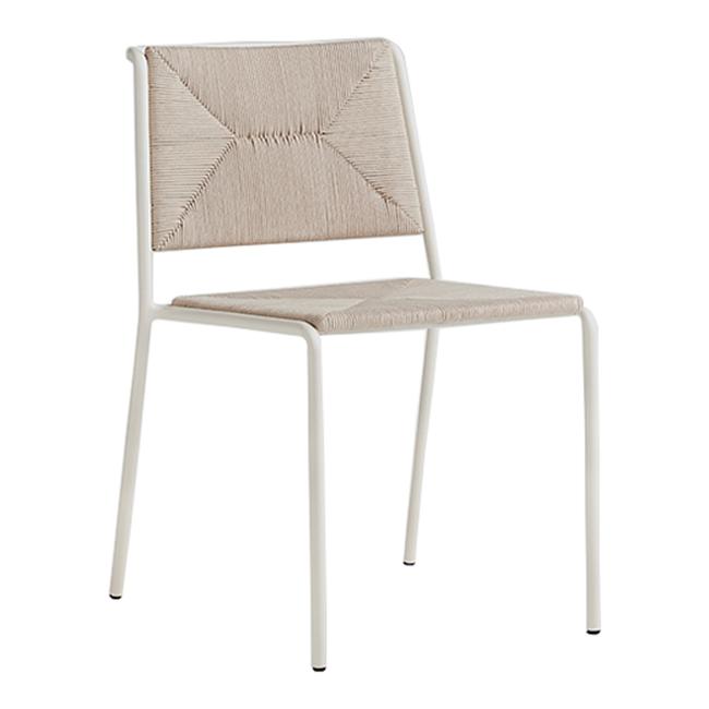 Beige geometric patterned chair with white metal legs, perfect for modern decor.