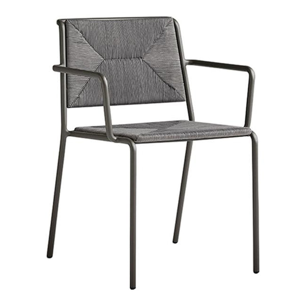 Gray woven fabric dining chair with a geometric pattern and sleek black metal frame. Perfect for modern interiors.