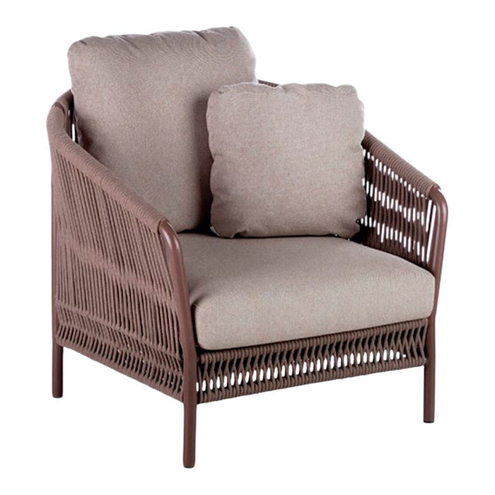 Brown wicker chair with beige cushioned seat and backrest, featuring a textured fabric pattern for added comfort.