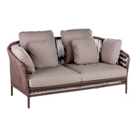Brown rattan sofa with beige cushions and a woven pattern, perfect for stylish outdoor seating.