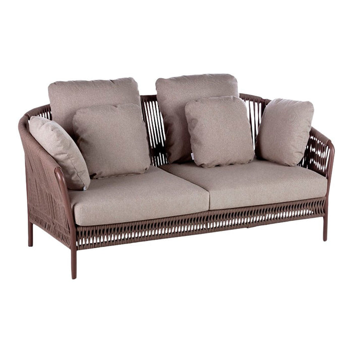 Brown rattan sofa with beige cushions and a woven pattern, perfect for stylish outdoor seating.