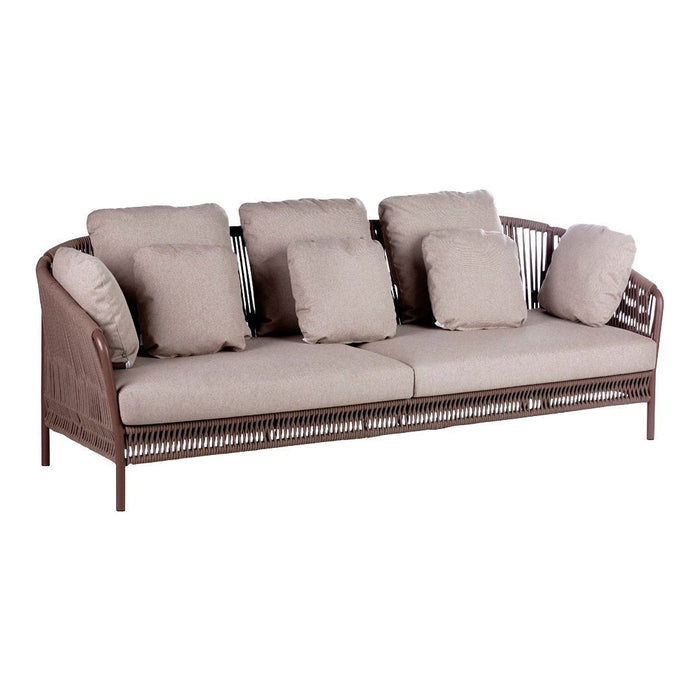Brown wicker sofa with light beige cushions and a sleek, modern design, ideal for outdoor settings.