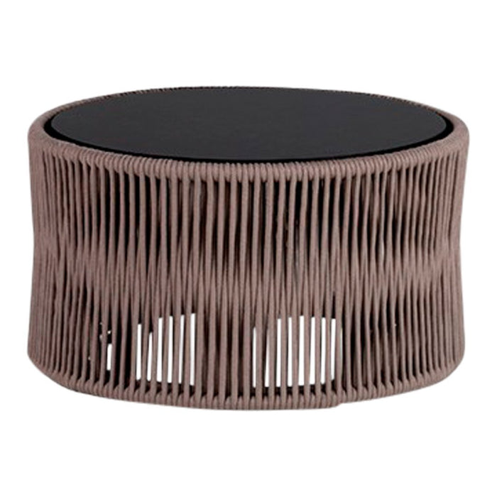 Round coffee table with a black top and textured, light brown woven base. Features an intricate pattern design.