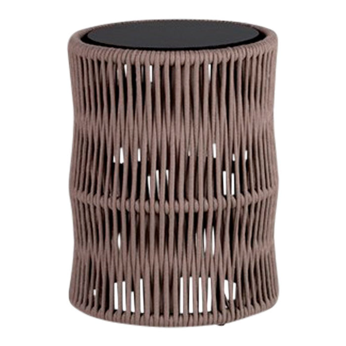 Round, woven side table in soft taupe with a sleek black top, featuring an open, modern pattern. Perfect for any decor.