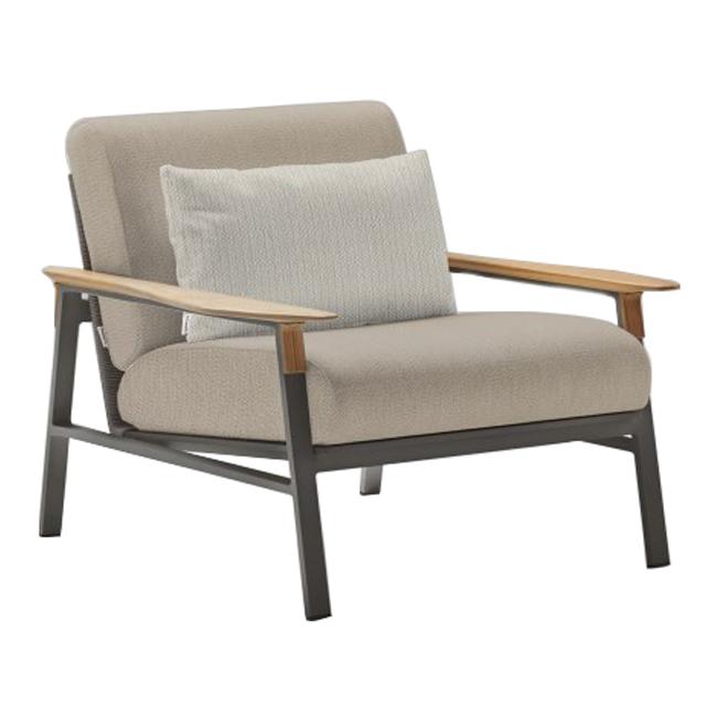 Light gray upholstered chair with a subtle stripe-patterned cushion and natural wood armrests. Modern design, versatile color.