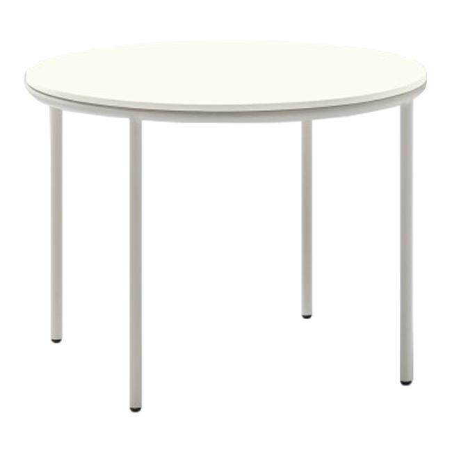 Round table in a sleek, solid white finish with minimalist design and clean lines. Perfect for modern decor.