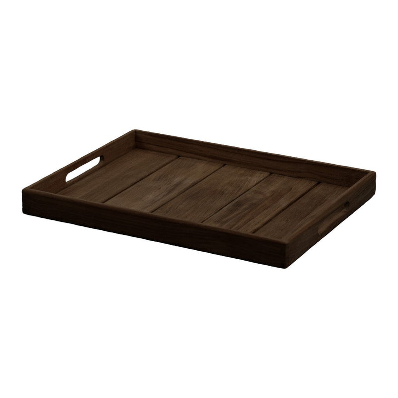 Dark wooden tray with a rustic finish, featuring slatted design and cut-out handles for easy carrying.