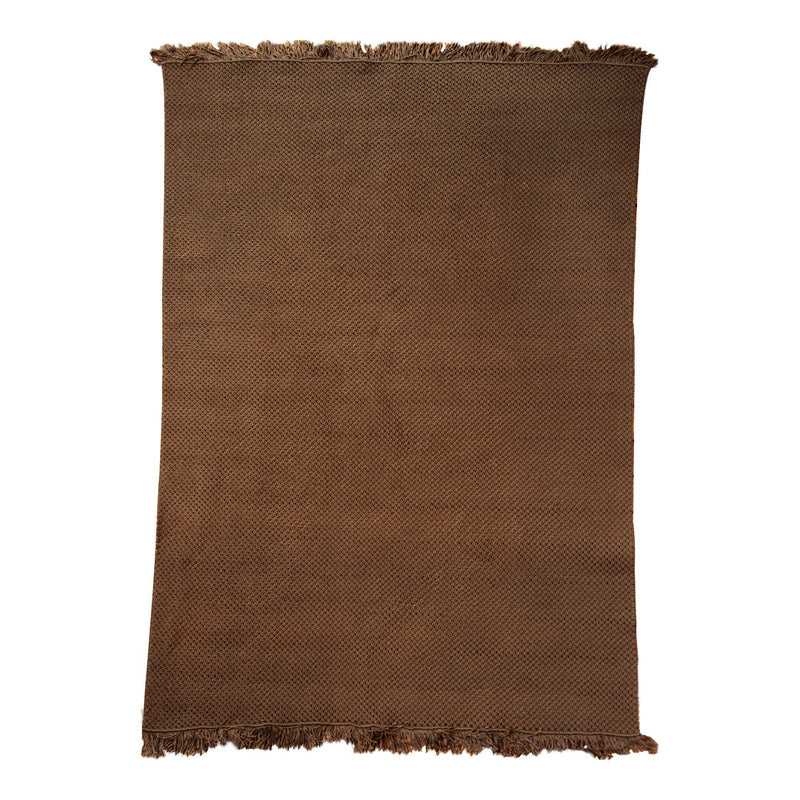 Brown woven rug with frayed edges, showcasing a solid, textured pattern for a cozy, rustic look.