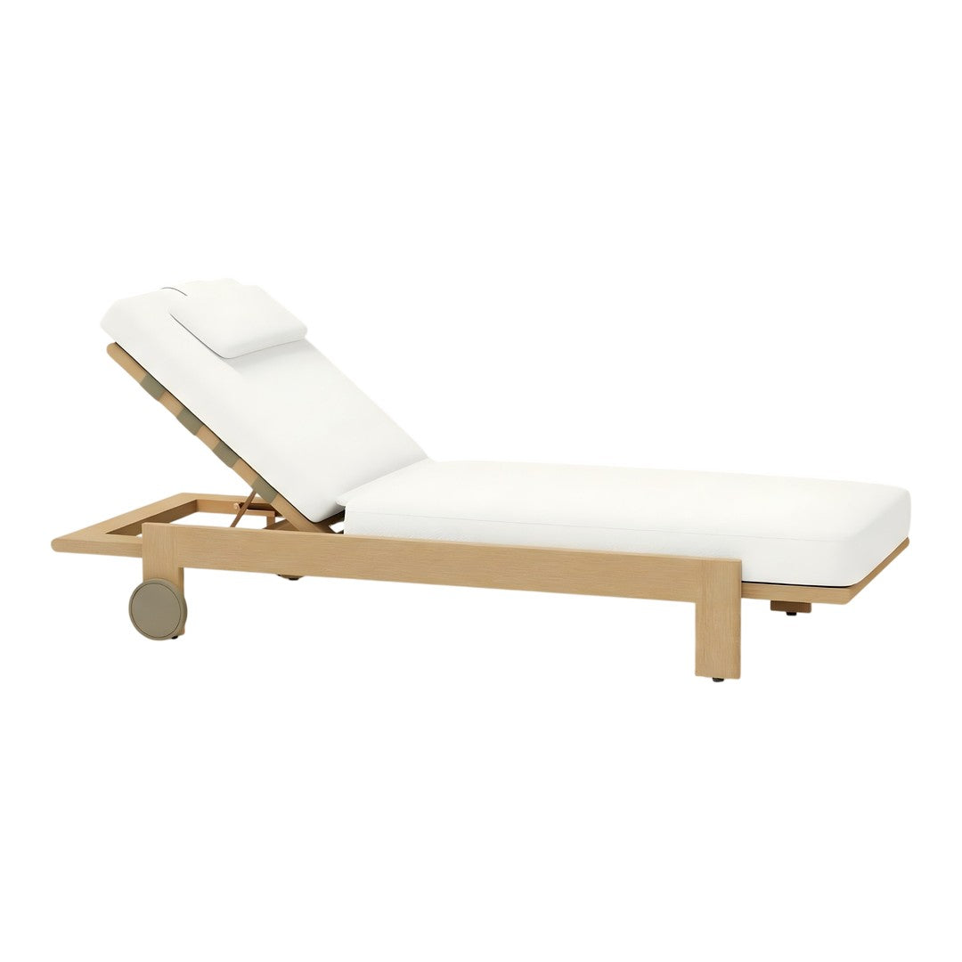 White cushioned lounge chair with a natural wood frame and sleek, minimalist design. Perfect for outdoor relaxation.