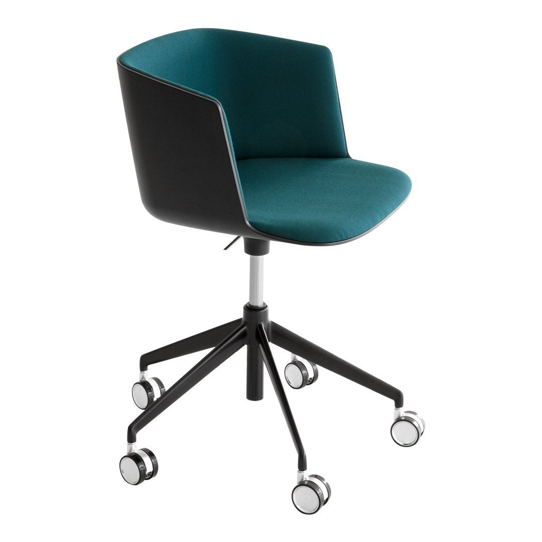 Teal and black office chair with a sleek design and rolling wheels for easy mobility.