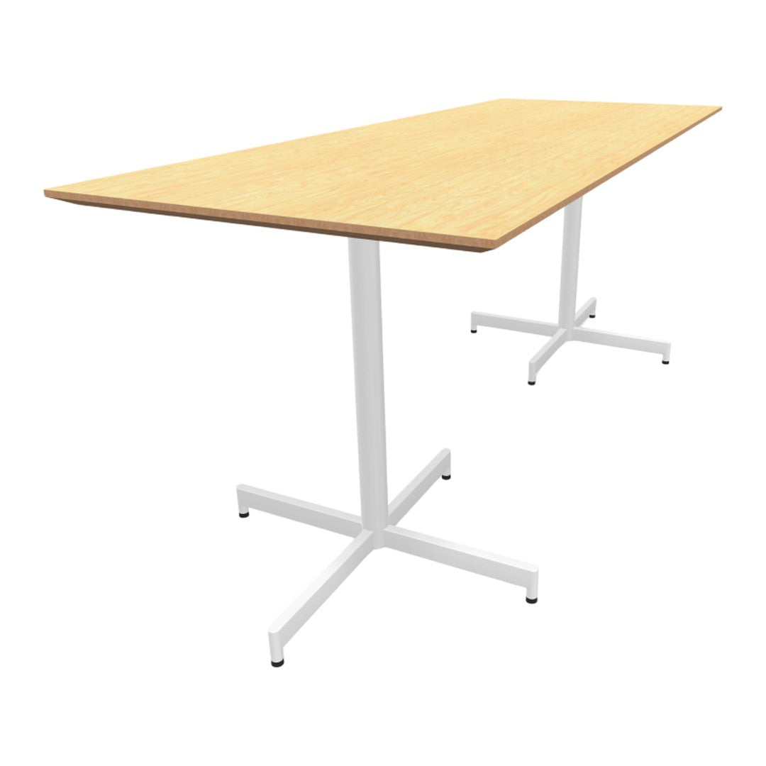Light wood grain tabletop with white metal bases; modern design with a sleek, minimalist aesthetic.