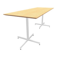 Light wood grain tabletop with white metal bases; modern design with a sleek, minimalist aesthetic.