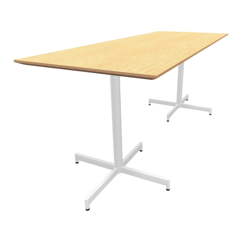 Light wood grain tabletop with white metal bases; modern design with a sleek, minimalist aesthetic.