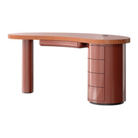 Curved brown desk with a textured surface and sleek cylindrical storage, featuring a modern design and warm tones.