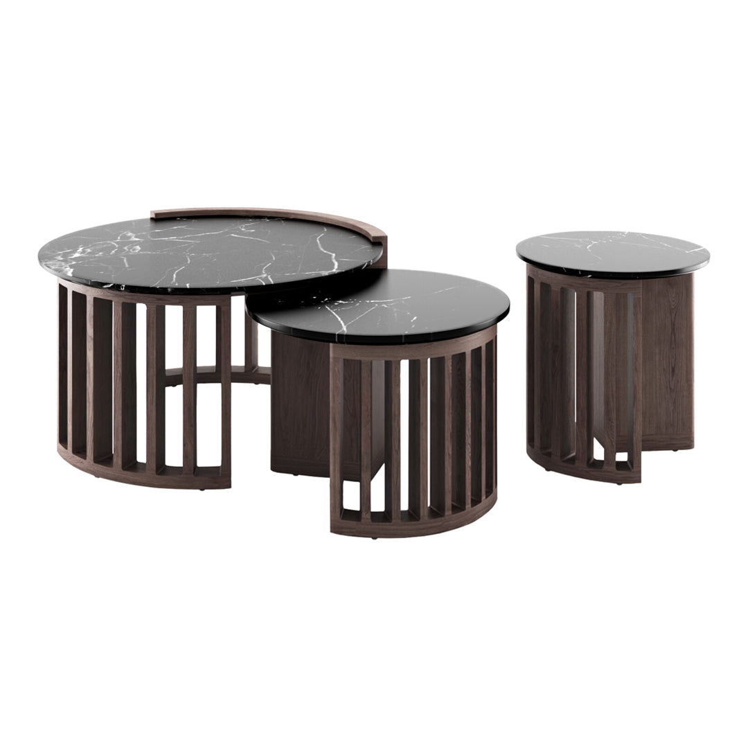 Set of three coffee tables featuring black marble tops and wooden bases with a striped pattern. Modern and elegant design.