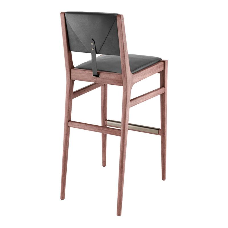 Brown wooden barstool with a sleek black leather seat and backrest, featuring clean lines and minimalistic design.