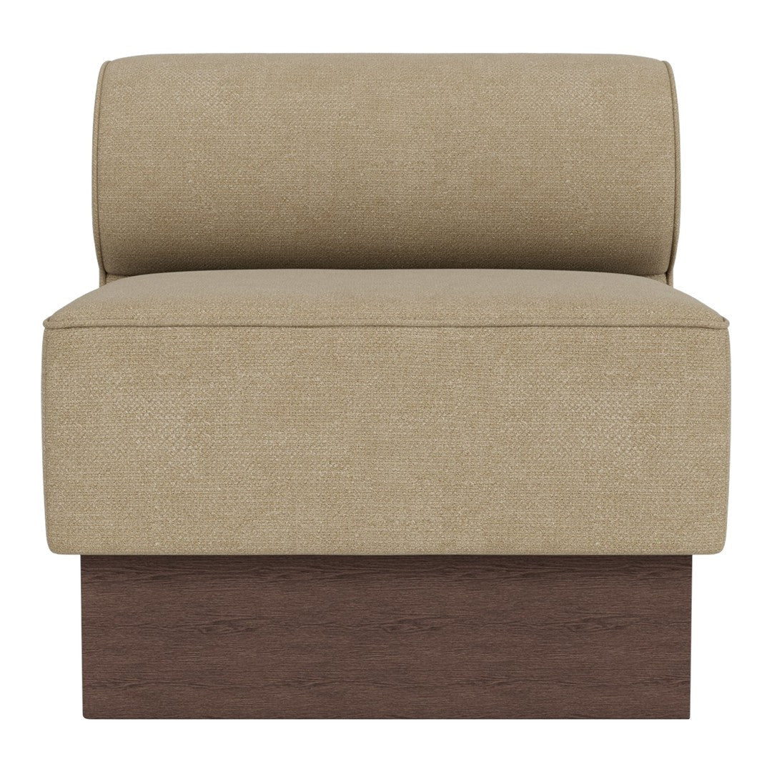 Beige upholstered chair with a minimalist design and a dark wood base, featuring smooth textures and simple lines.