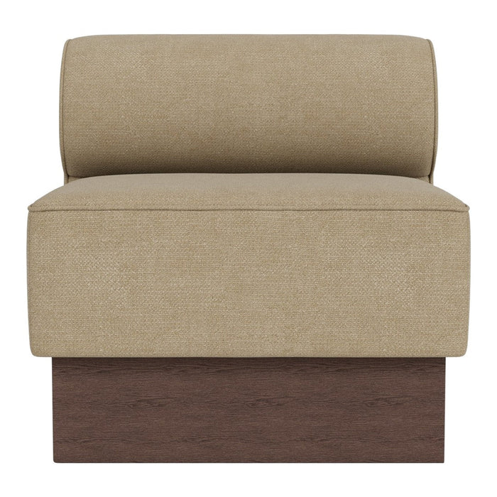 Beige upholstered chair with a minimalist design and a dark wood base, featuring smooth textures and simple lines.