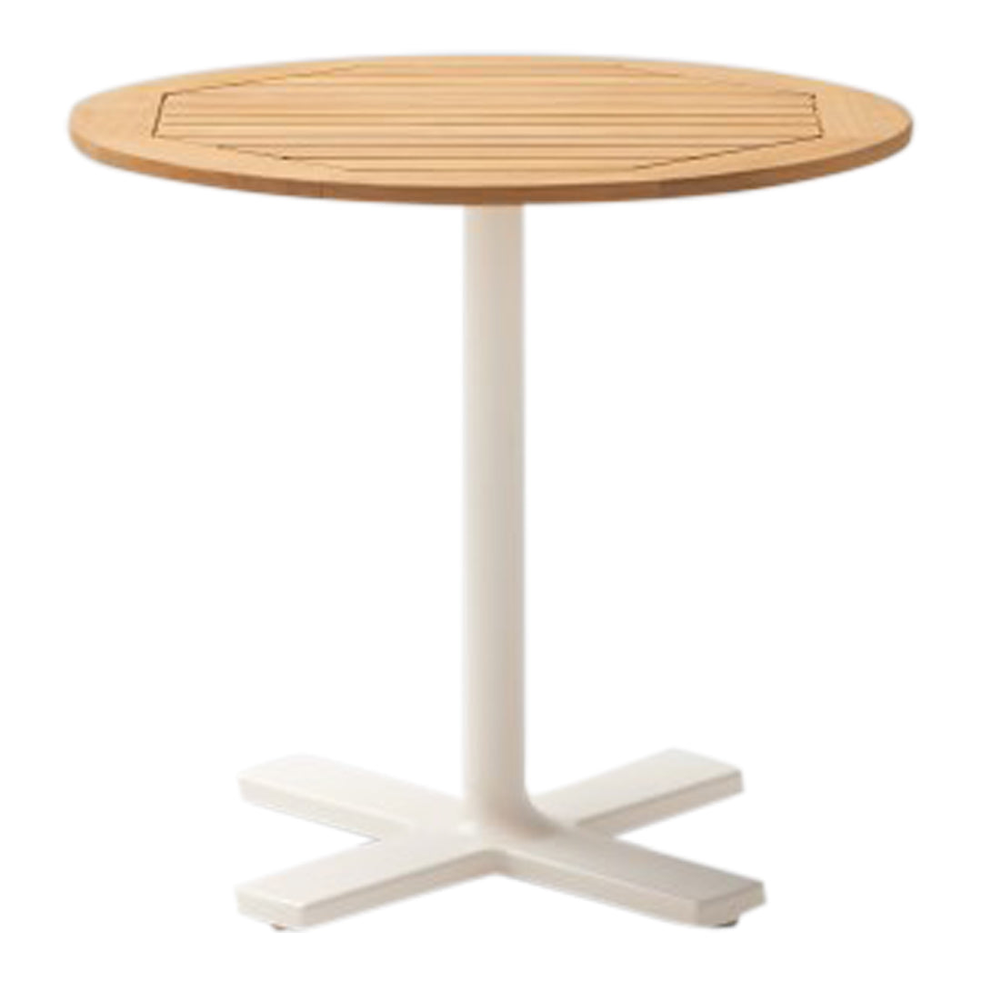 Round wooden tabletop in natural bamboo finish with white metal base, featuring sleek slatted design.
