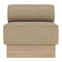Textured beige fabric upholstery on a modern low-profile chair with a wooden base. Simple, minimalist design elements.