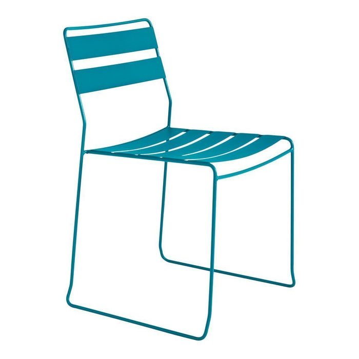 Teal chair with bold striped pattern, featuring a sleek modern design and minimalistic silhouette.
