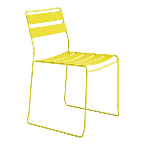 Bright yellow striped chair with a modern design, perfect for outdoor or indoor use. Lightweight and stylish.