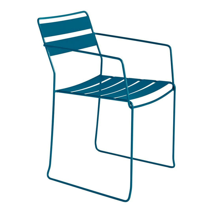 Teal metal chair with sleek lines and horizontal slat design, perfect for modern outdoor spaces.