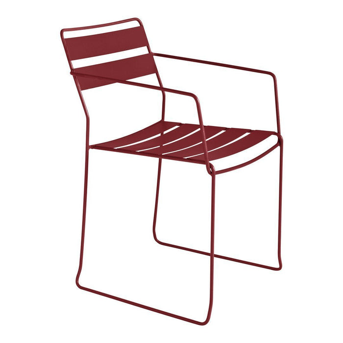 Red metal chair with a sleek, modern design featuring horizontal slats for a contemporary look.