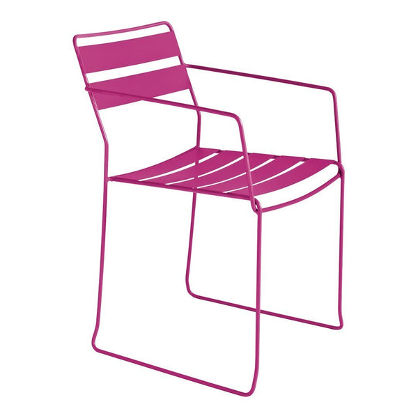 Bright pink chair with minimalist striped design, perfect for modern outdoor or indoor décor.
