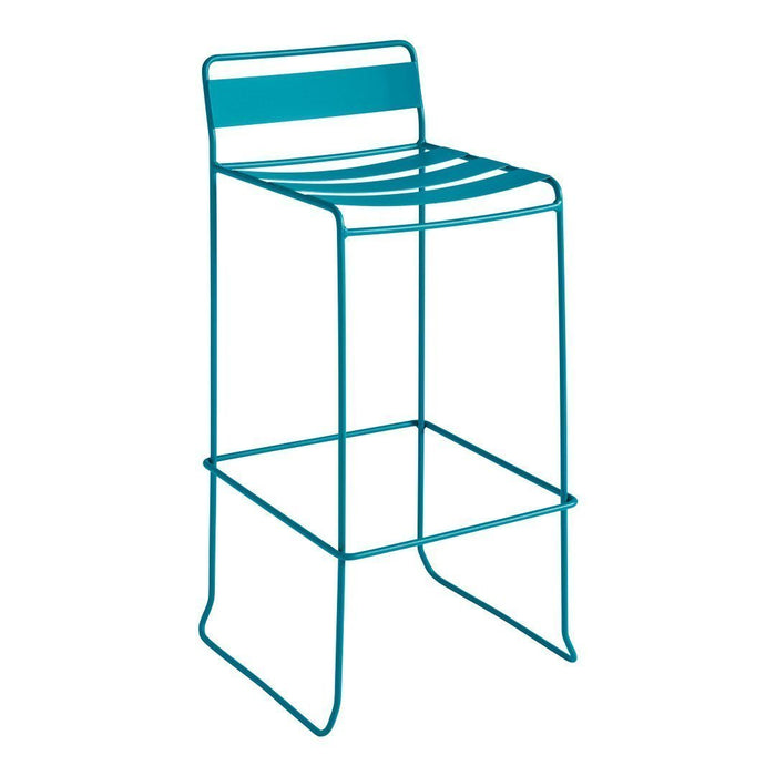 Teal metal bar stool with a modern slatted design, perfect for stylish indoor or outdoor spaces.