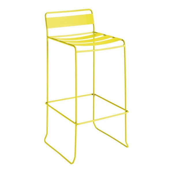 Bright yellow metal bar stool with sleek, striped design and minimalist structure. Perfect for modern decor.
