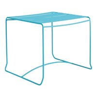 Bright turquoise metal table with a sleek, minimalist design and slatted top pattern. Perfect for modern decor.