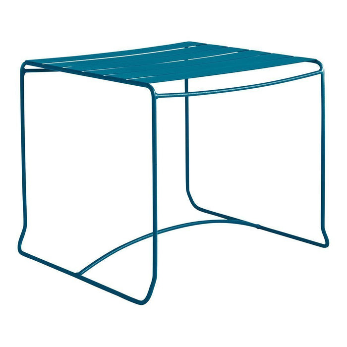 Teal metal side table with sleek, modern lines and minimalistic design, perfect for contemporary décor.