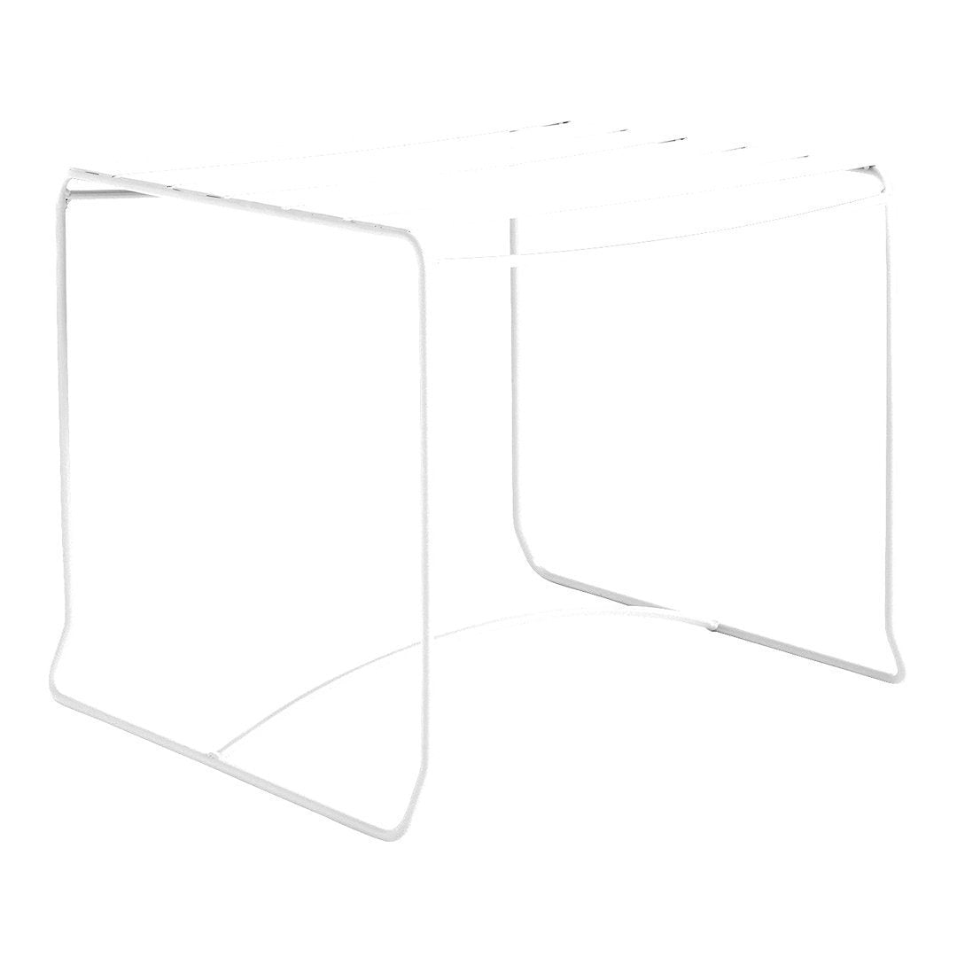 White minimalist side table with a sleek, modern design and clean lines. Perfect for contemporary decor.