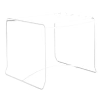 White minimalist side table with a sleek, modern design and clean lines. Perfect for contemporary decor.