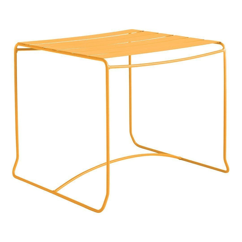 Bright orange metal side table with a sleek, modern design and minimalist lines. Perfect for outdoor or indoor use.