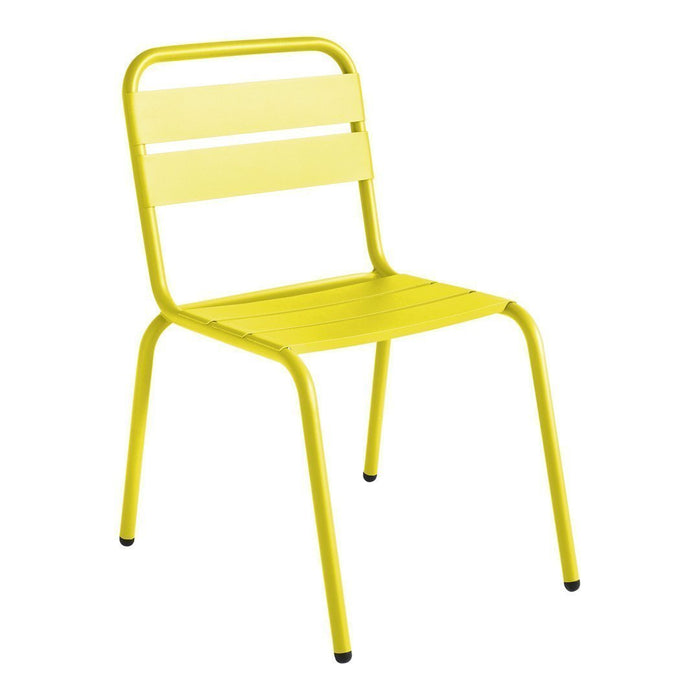 Bright yellow metal chair with sleek, minimalist design and striped backrest. Ideal for outdoor or modern interior use.