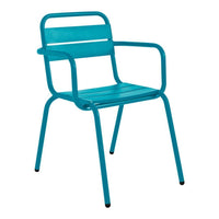 Teal metal chair with a sleek, modern design and horizontal slat pattern for outdoor or indoor use.