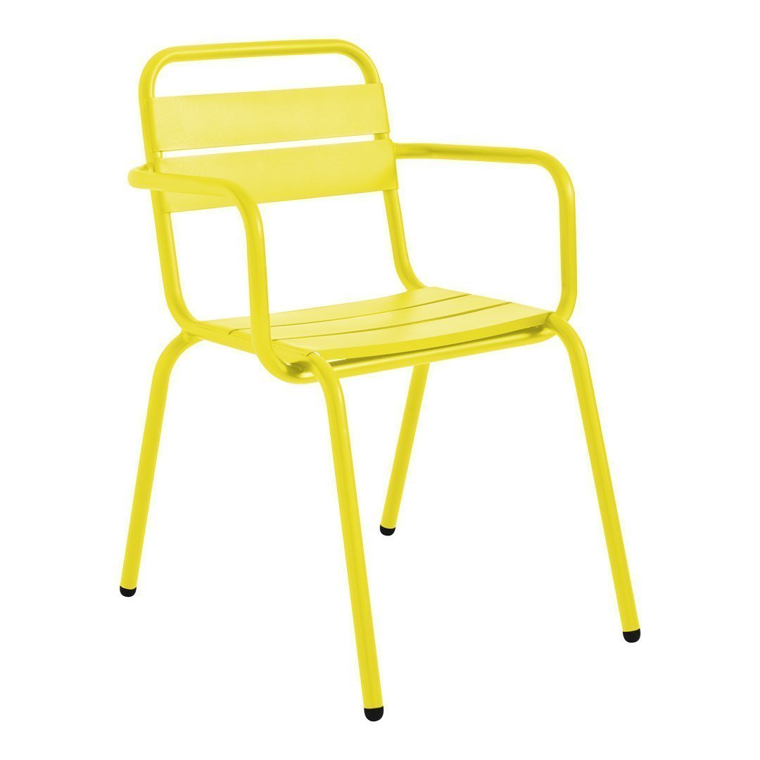 Bright yellow metal chair with a sleek, minimalist design and striped seat and backrest. Ideal for indoor or outdoor use.