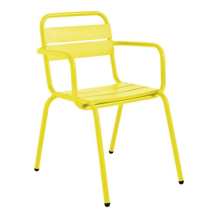 Bright yellow metal chair with a sleek, minimalist design and striped seat and backrest. Ideal for indoor or outdoor use.