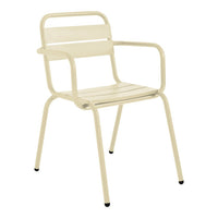 Cream-colored metal chair with a sleek, minimalist design and horizontal slat pattern on the seat and backrest.