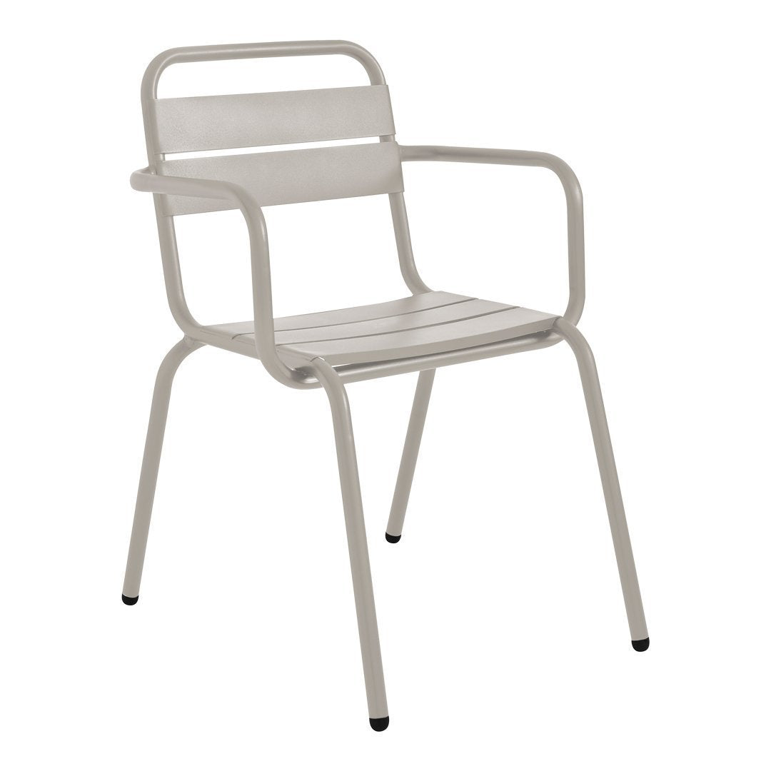 Light gray metal chair with a slatted seat and backrest, featuring clean lines and minimalistic design.
