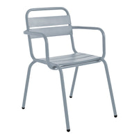Light gray metal chair with a sleek, minimalist design and horizontal slatted seat and back. Perfect for modern decor.