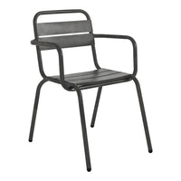 Grey metal chair with sleek lines and subtle patterns, ideal for modern outdoor or indoor settings.
