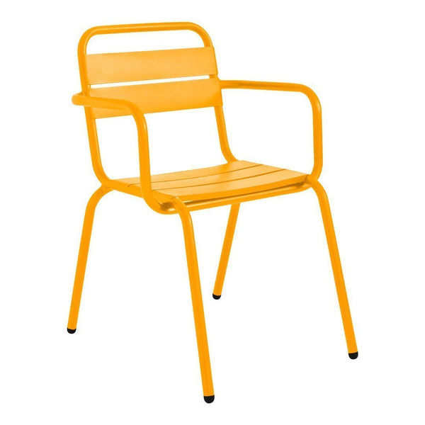 Bright yellow metal chair with minimalist design and horizontal slat pattern. Perfect for outdoor or modern indoor decor.