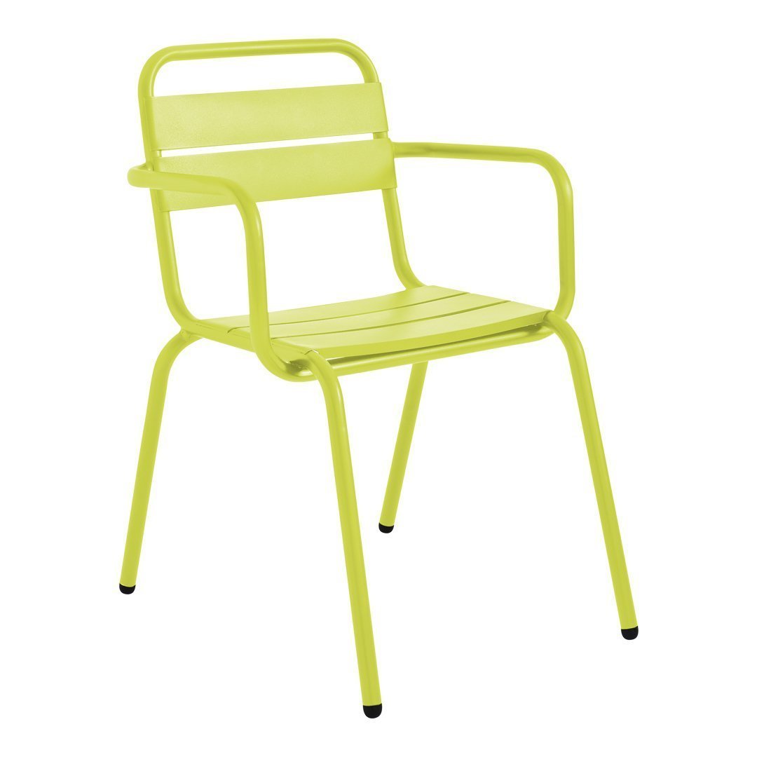 Bright lime green metal chair with sleek lines and a modern, minimalist design. Perfect for vibrant outdoor spaces.