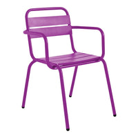 Vibrant purple metal chair with sleek, slatted design ideal for modern outdoor or indoor decor.